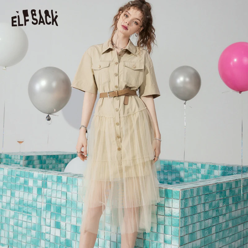 

ELFSACK Preppy Style Khaki Dresses Women 2023 Spring/Summer Casual Daily Dress