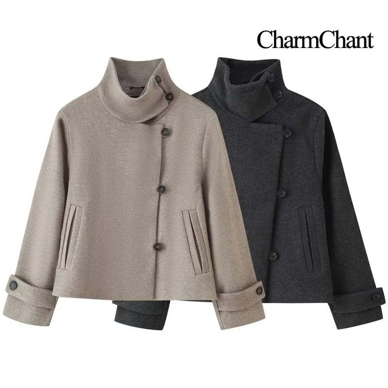 CHARMCHANT Women Camel Short Wool Coat Funnel Neck Cropped Tailored Jacket Welt Pocket Office Business Casual Autumn Winter