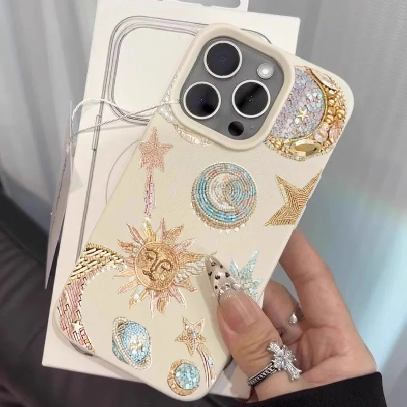 Gold Pink Blue Star Moon Sun Planet Pattern Phone Case For iPhone 17 Pro Max 16 15 14 Plus 13 12 11 Pro 16E 17Air X XR XS Cover