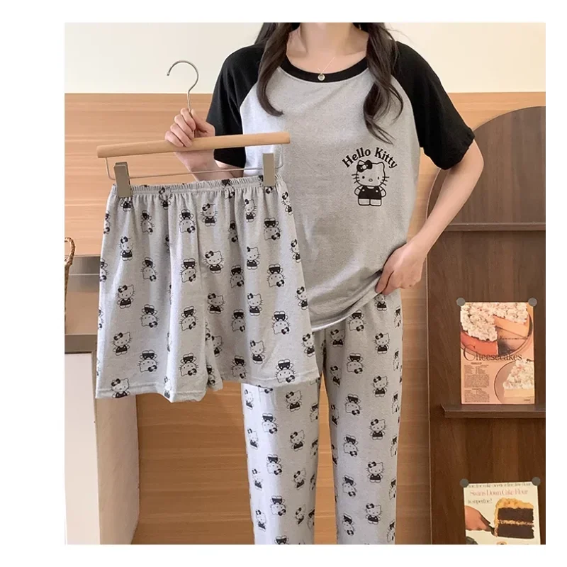 Sanrio Hello Kitty pijamas de seda de verano para mujer de algodón Casual de dibujos animados de tres piezas pijamas de mujer ropa de casa pijamas