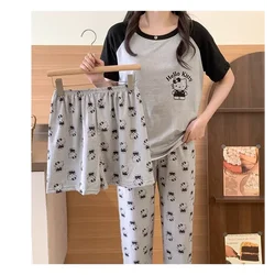 Sanrio Hello Kitty Silk Pajamas Women's Summer Cotton Casual Cartoon Three-piece Women's Pajamas Homewear Pajamas Pants Set