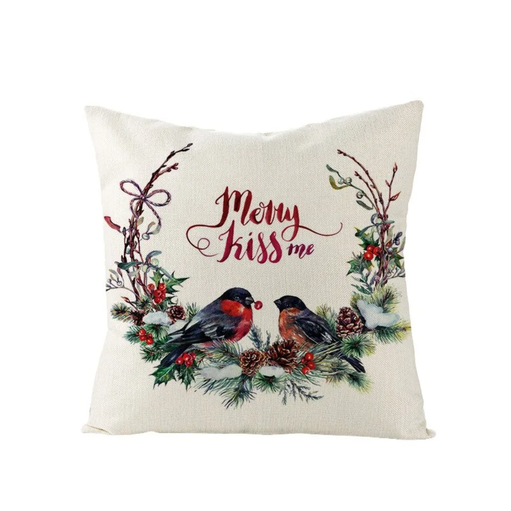 CIFBUY Merry Christmas Floral Cotton Linen Cushion Cover 45x45cm Decorative Throw Pillow Case for Sofa