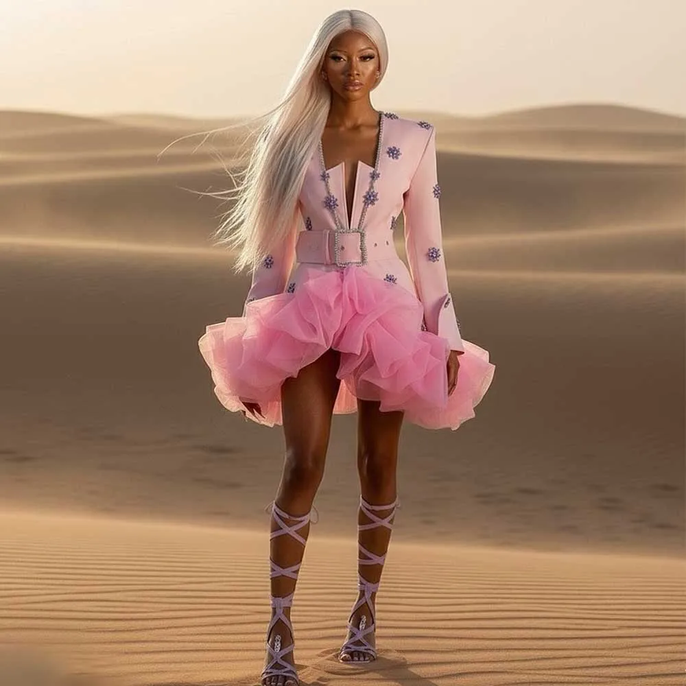 

Chic Ruffled Tulle Blazer Dress 2026 Glitter Crystals Stretch Short Prom Dresses Women Party Night Gown Mini Length Outfit Dress