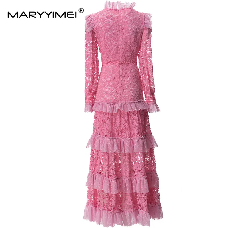 MARYYIMEI Fashion Design Spring Summer women's Ruffled Flare Sleeve Lace Embroidery Ruffles Hollow Out High Street Dresses