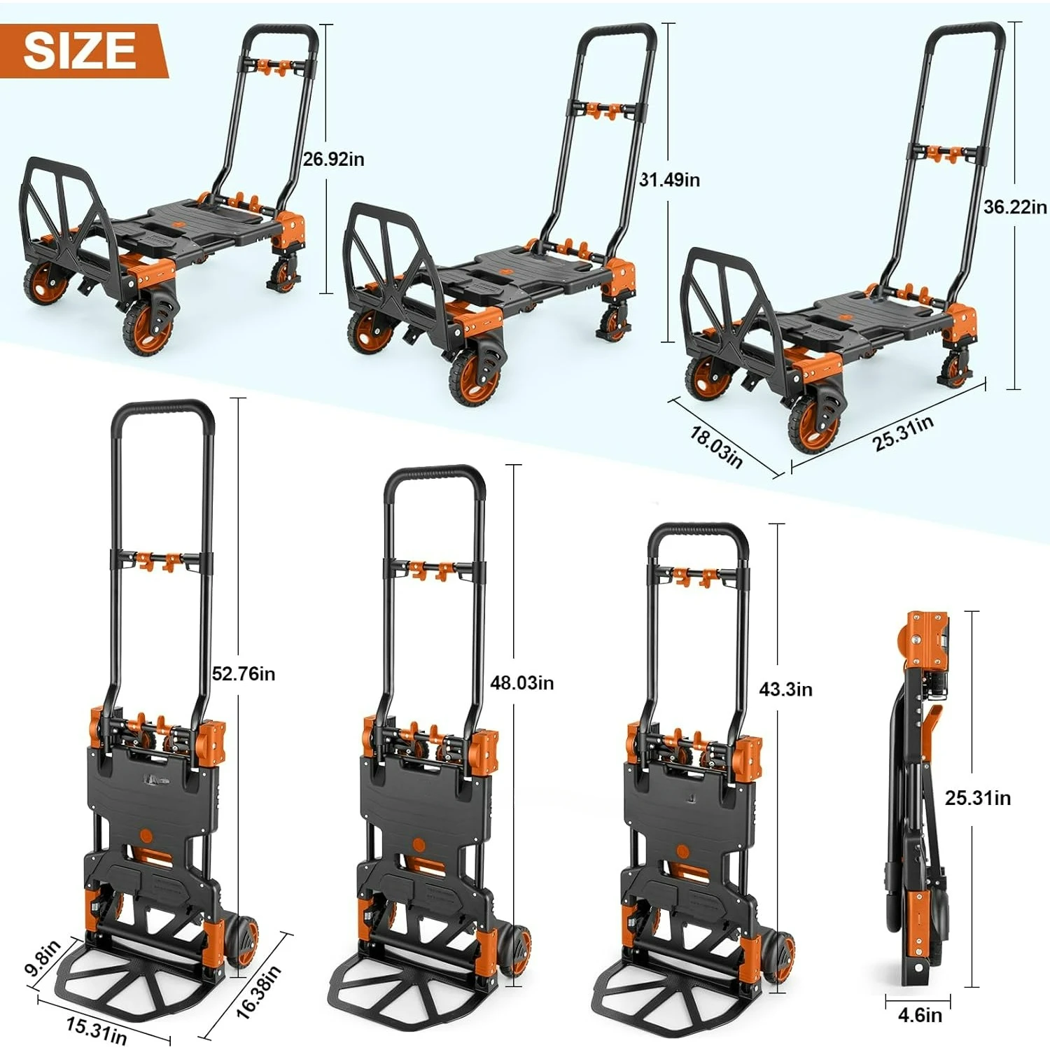 330LBFolding Hand Truck Moving Dolly, Hand Trucks Heavy Duty Combination of 4 Wheels and 2 Wheels Convertible Dolly Cart(Orange)