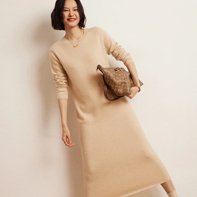 High-end New 100% Cashmere Sweater Longer Dress Women O-Neck Fashion Knitted Dresses Female Loose Casual Long Sleeve Pullover