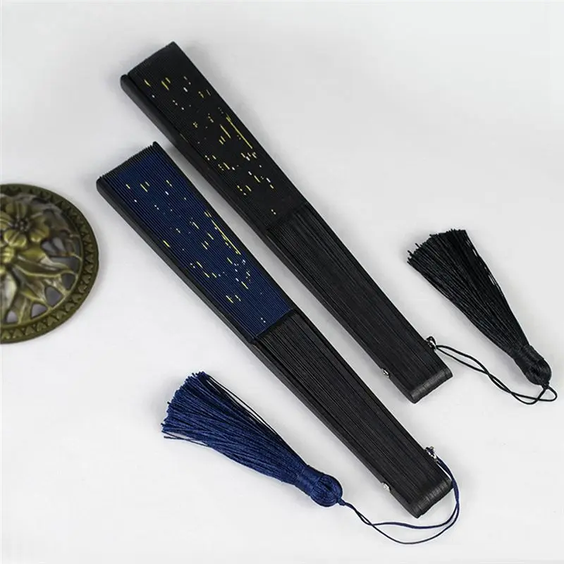Classic Starry Silk Folding Fan,Chinese Japanese Fabric Bamboo Folding Dance Hand Fan (Blue)