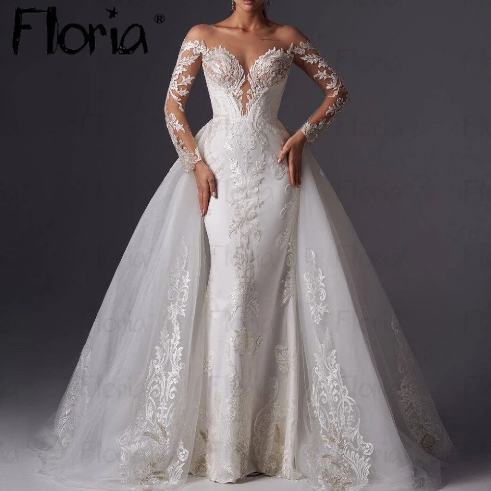 Abito da sposa moderno Dubai In pizzo Appliqued 2 In 1 abiti da sposa donna Robe de Mariée 2023 con treno staccabile personalizzato arabo