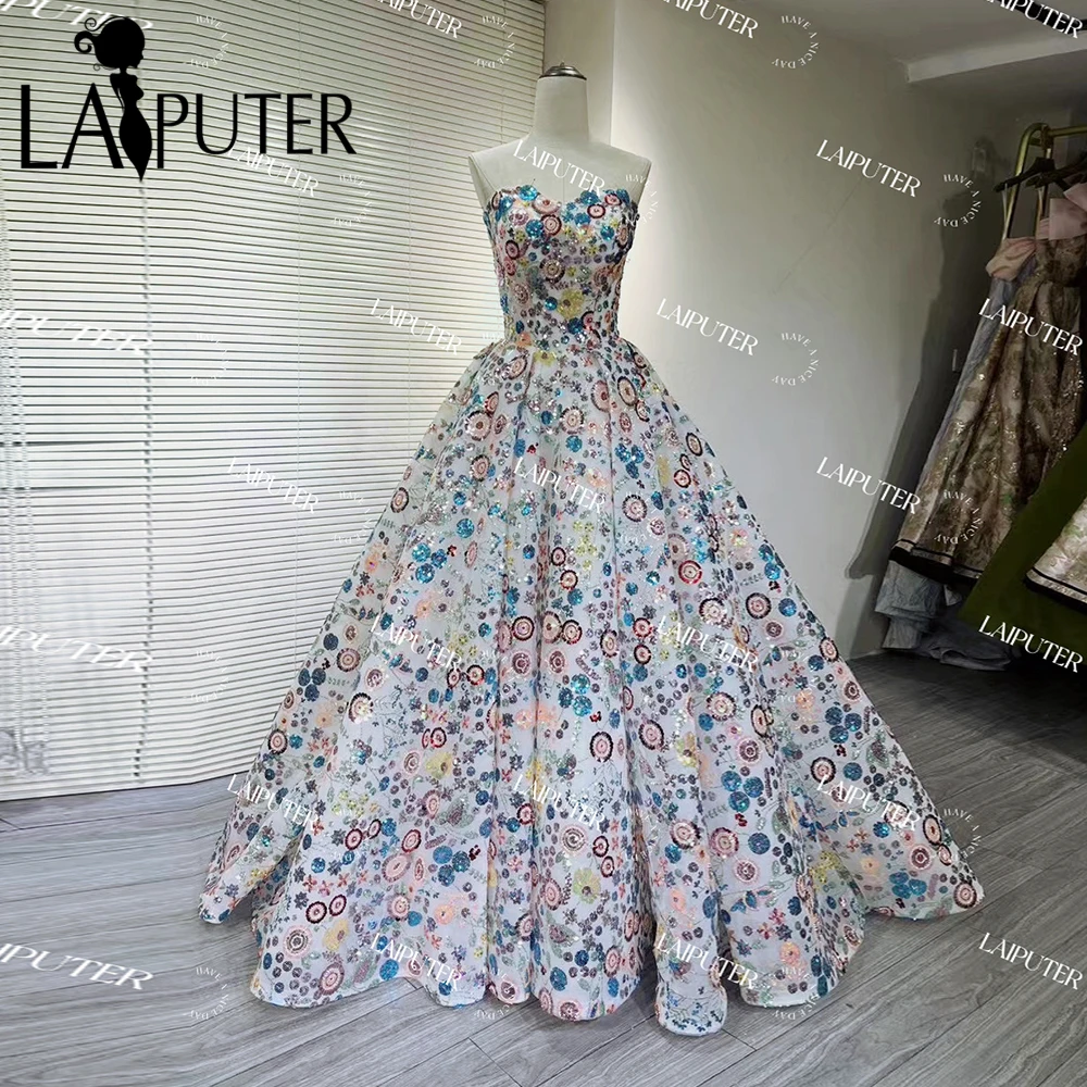 LAIPUTER Sample Dress on Sale Promotion Good Price US6 Colorful Sequined Flowers Pattern A line Evening Dress puffy Box Pleat