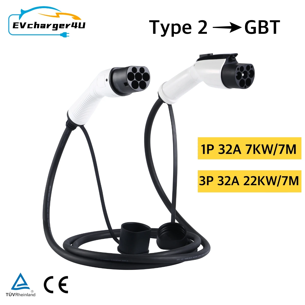 EVcharger4U Type2 to GBT EV Charging Cable 1Phase/3Phase 7M 7KW/22KW Charger Station Type 2 Cord GB/T for Chinese Brand Car