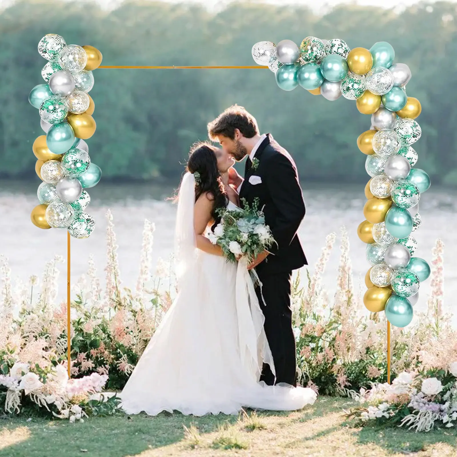 

10x10 FT Backdrop Stand Heavy Duty with Base, Gold Wedding Backdrop Pipe Kit Square Metal Balloon Arch Stand Garden Arbor Frame