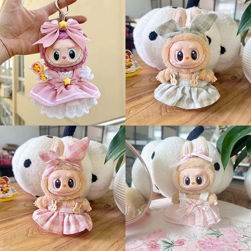 Mini Plush Doll's Clothes Outfit Accessories For Labubu Idol V1 V2 sitting party Plaid skirt Headband Set Clothing Dress Up Toys