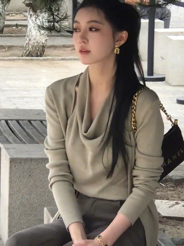 Cardigan lavorato a maglia francese Sle Long Sve con cinturino Set da due pezzi Ne Swing Design Top con riduzione dell'età per donna