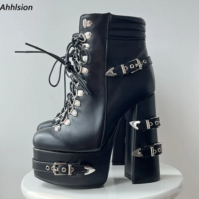 

Ahhlsion/Новые женские зимние ботильоны на платформе, на массивном высоком каблуке с круглым носком, крутые черные туфли в стиле панк, женские размеры США, большие размеры 5-20
