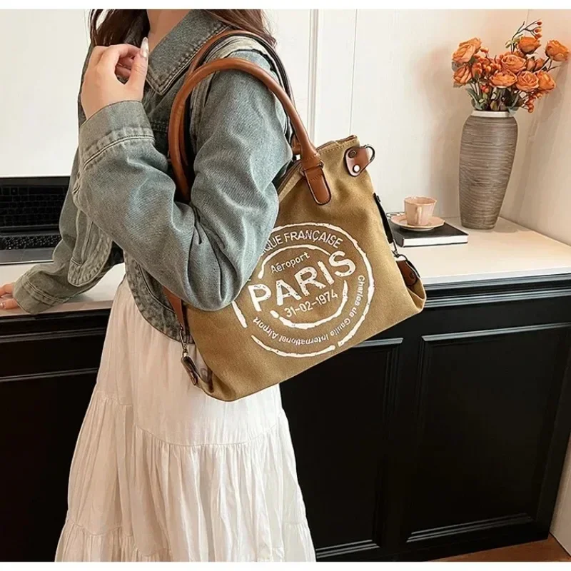 Large Women Stylish Crossbody Bag Retro Canvas Tote Bag  Adjustable Shoulder Strap Vintage Paris Stamp Print Purses and Handbags