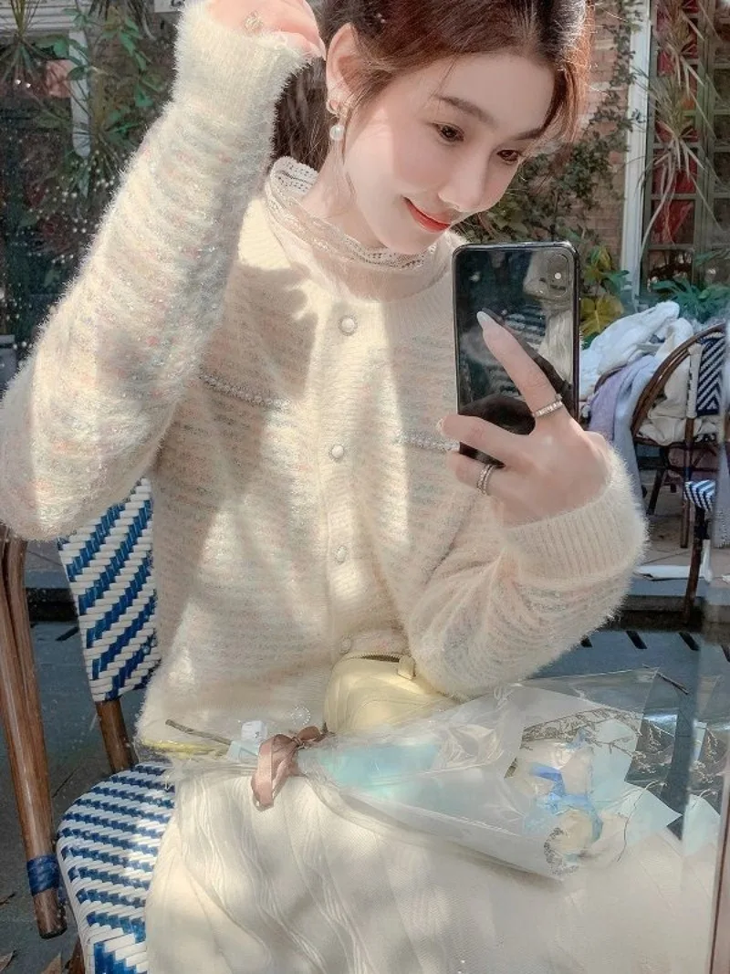 Cardigan Soft Glutinous Bright Silk Ribbon Sweater Women Spring 2023 Temperament Celebrity Top Knitted Cardigan Sweater Female