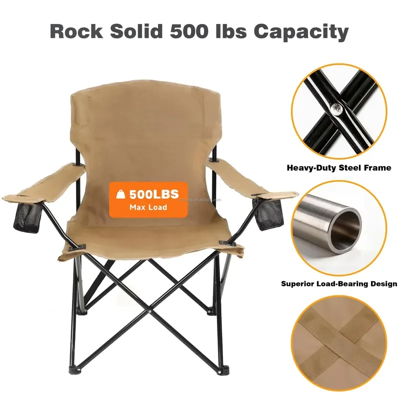 Portable Metal Camping Chair with Side Pockets Cup Holder 300LBS Capacity Padded Carry Bag Black