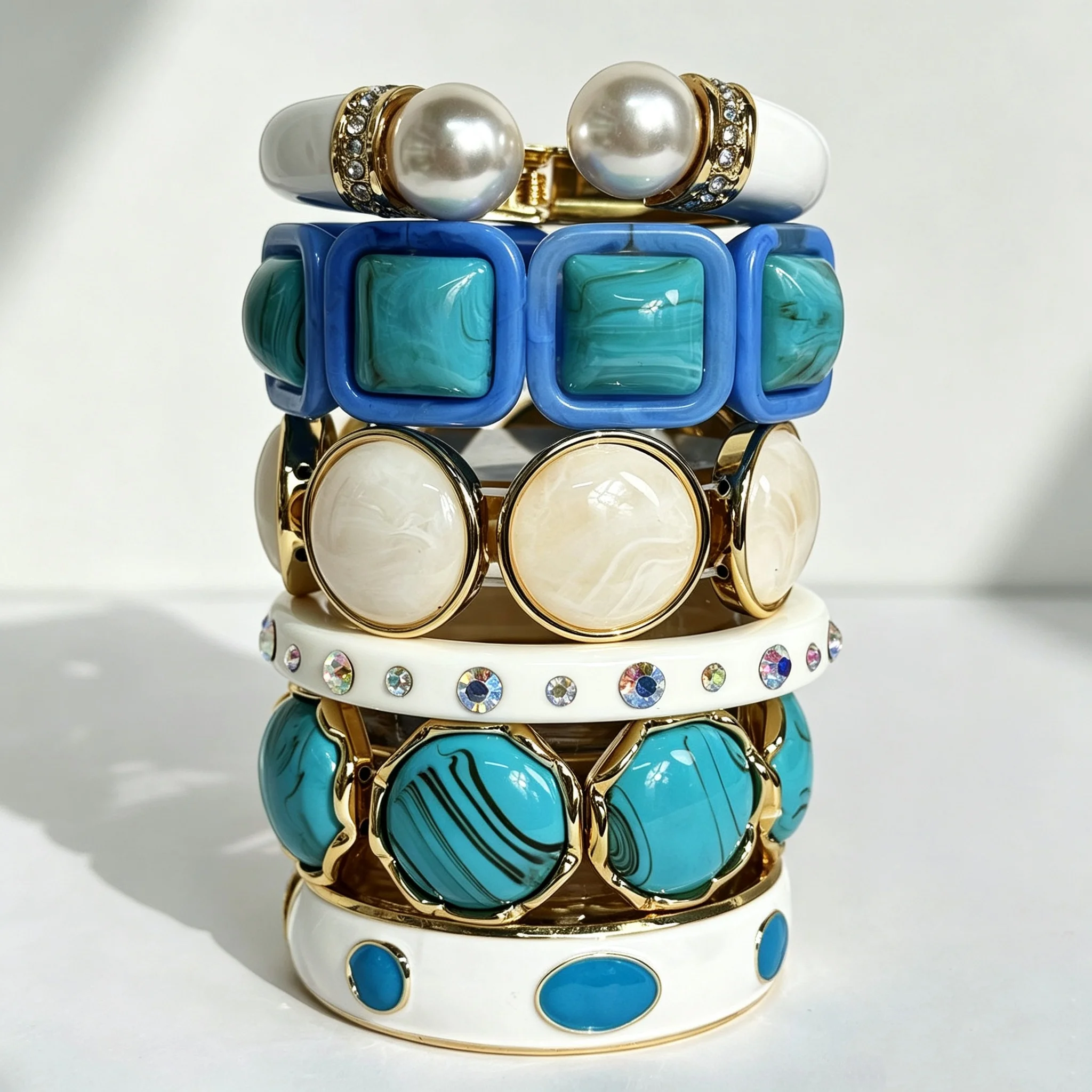 White Pearl Colorful Enamel Drip Painting Blue White Gradient Geometric Resin Bracelet Women's Jewelry for Fall Winter Gift