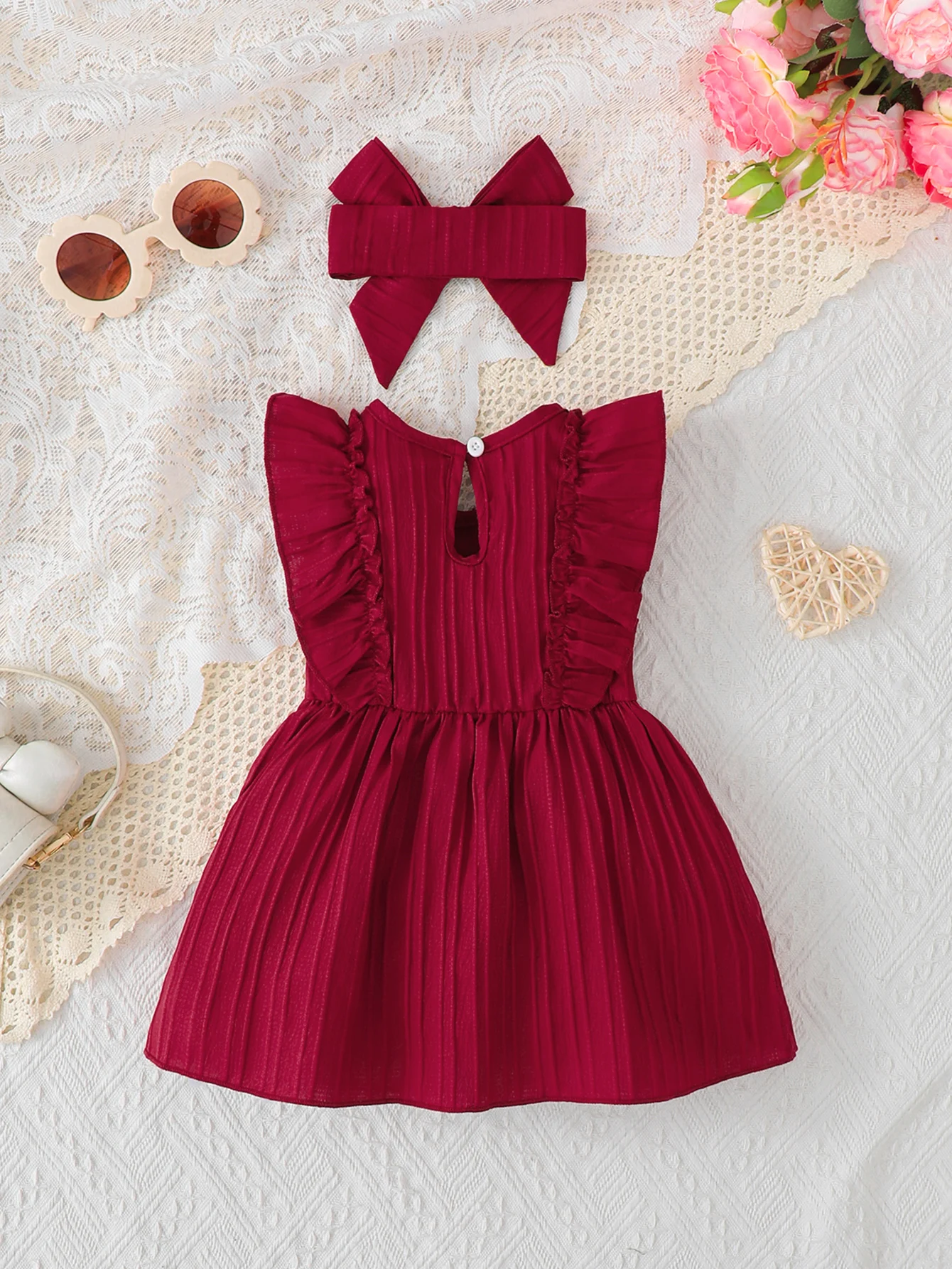 Infant Baby Girl Matching Dress Headband Set 0-1Y Wine Red Pleated Ruffle Sleeveless Bow Front Party Birthday Sundress