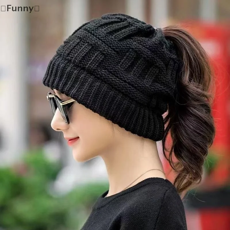 1 قطعة قبعة علوية مفتوحة قبعة متماسكة للنساء ذيل حصان مناسب مرونة عالية شتاء دافئ موضة قبعة رياضية في الهواء الطلق #3