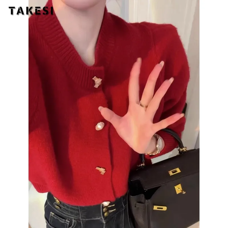 2023 Autumn Winter Vintage O-Neck Knitting Long Sleeve Cardigans Women Sweet Solid Color Single Breasted Ladies Loose Sweater