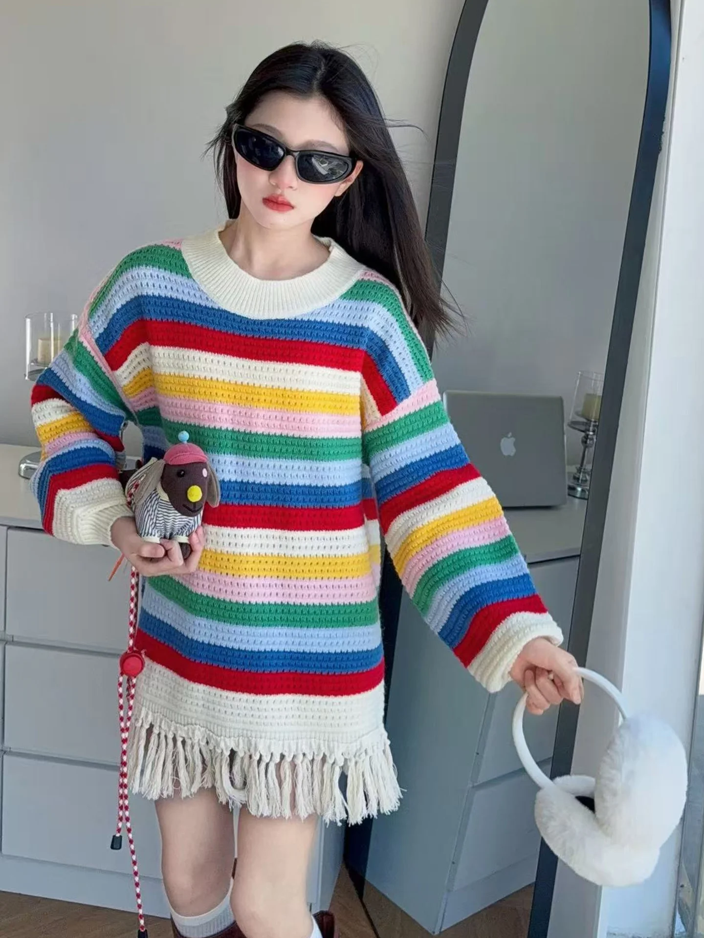 Spring Autumn Knitwear for Girls Tassel Trimmed Color Blo Striped Sweater Mid-Length round Ne Long Sve Warm Commute Sle