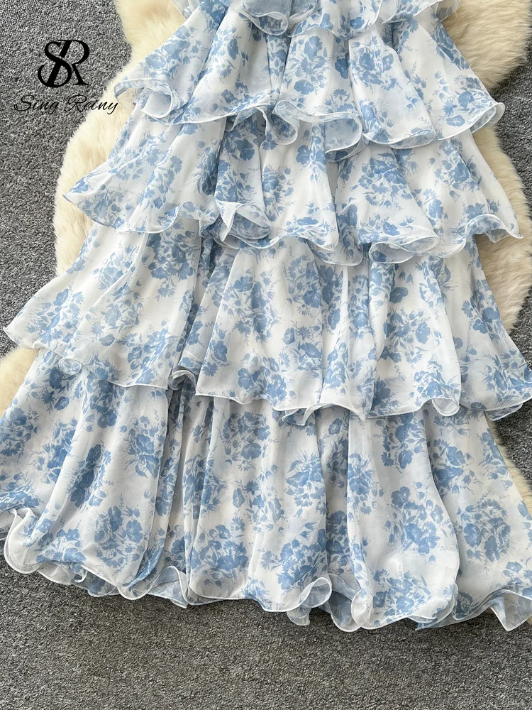 SINGREINY French Floral Party Dress Women Backless Halter V Neck Lace Up A-line… - Image 4