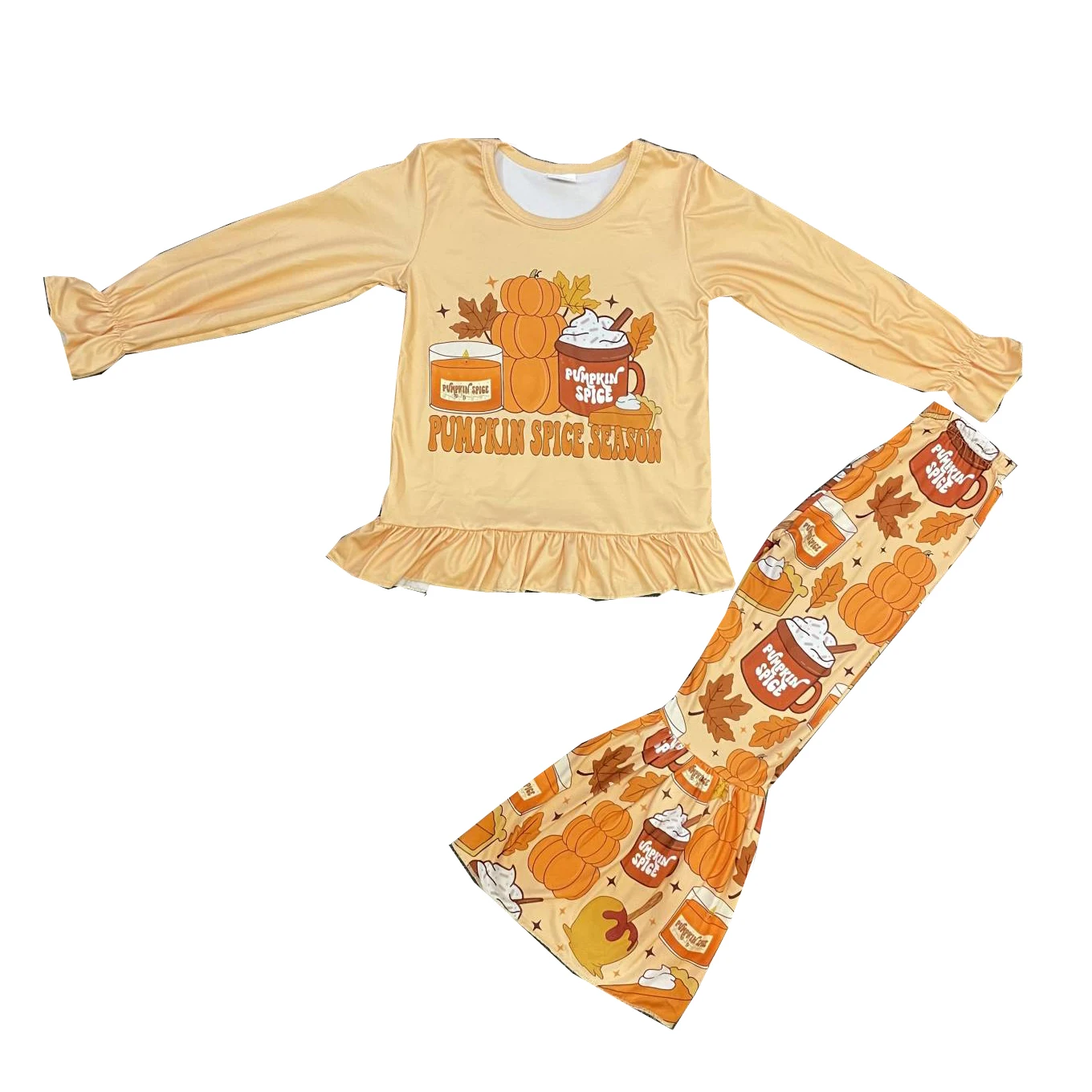 

New Girls Halloween Clothes Set Pumpkin Spice Long Sleeve Ghost Bell Bottom Outfits