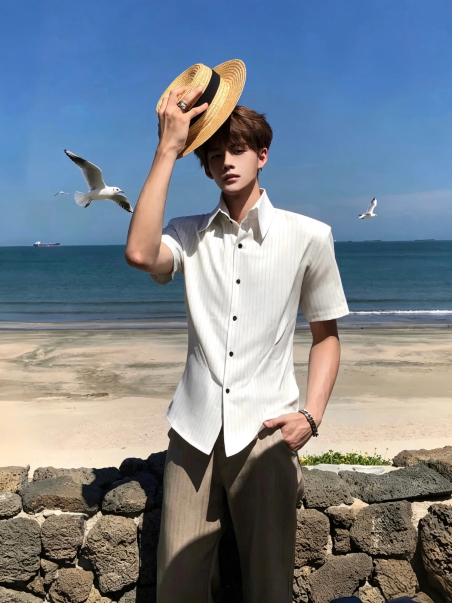 Ace Roman Holiday Men's Striped Shirt Loose Fit Iron-Free Fashionable City Walk Beach Casual Office Party Camping Dance