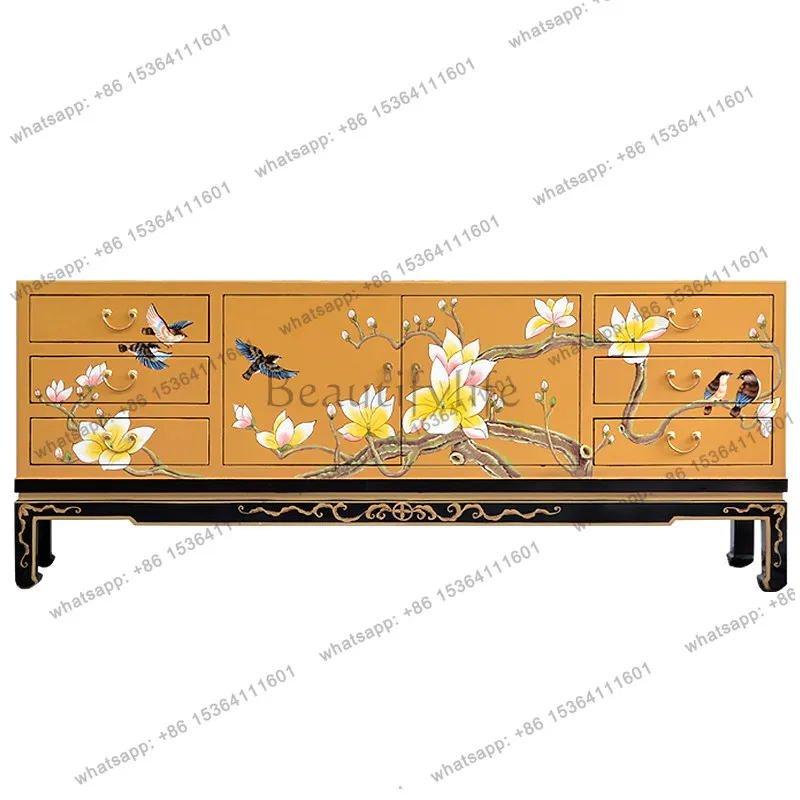 New Chinese TV Cabinet Modern Simple Customizable Hand Painted Flower and Bird Video Floor Cabinet