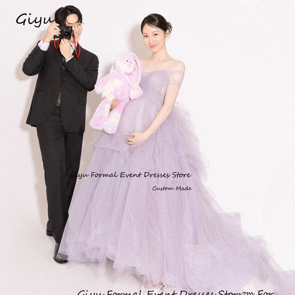 Giyu Fairy Light Purple Maternity Dress Photoshoot A-line Off the Shoulder Floor-Length Korea Wedding Dress Photo Shoot