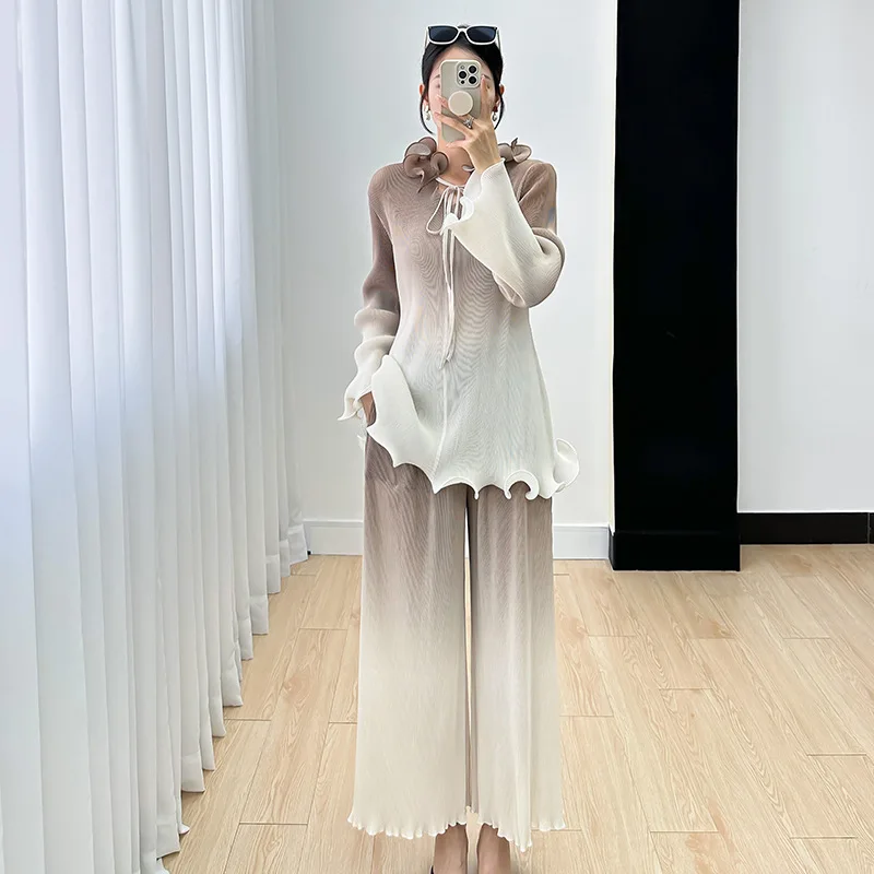 

Miyake Age Reduction Suit Autumn New High-end Gradient Pleated Long Sleeve Top Casual Pants Two Piece Sets Womens Outifits