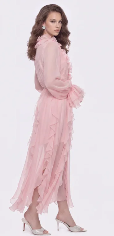 Romantic Pink V Neck Chiffon Gown, Multi-Layer Ruffle Bell Sleeve Boho Maxi Dress