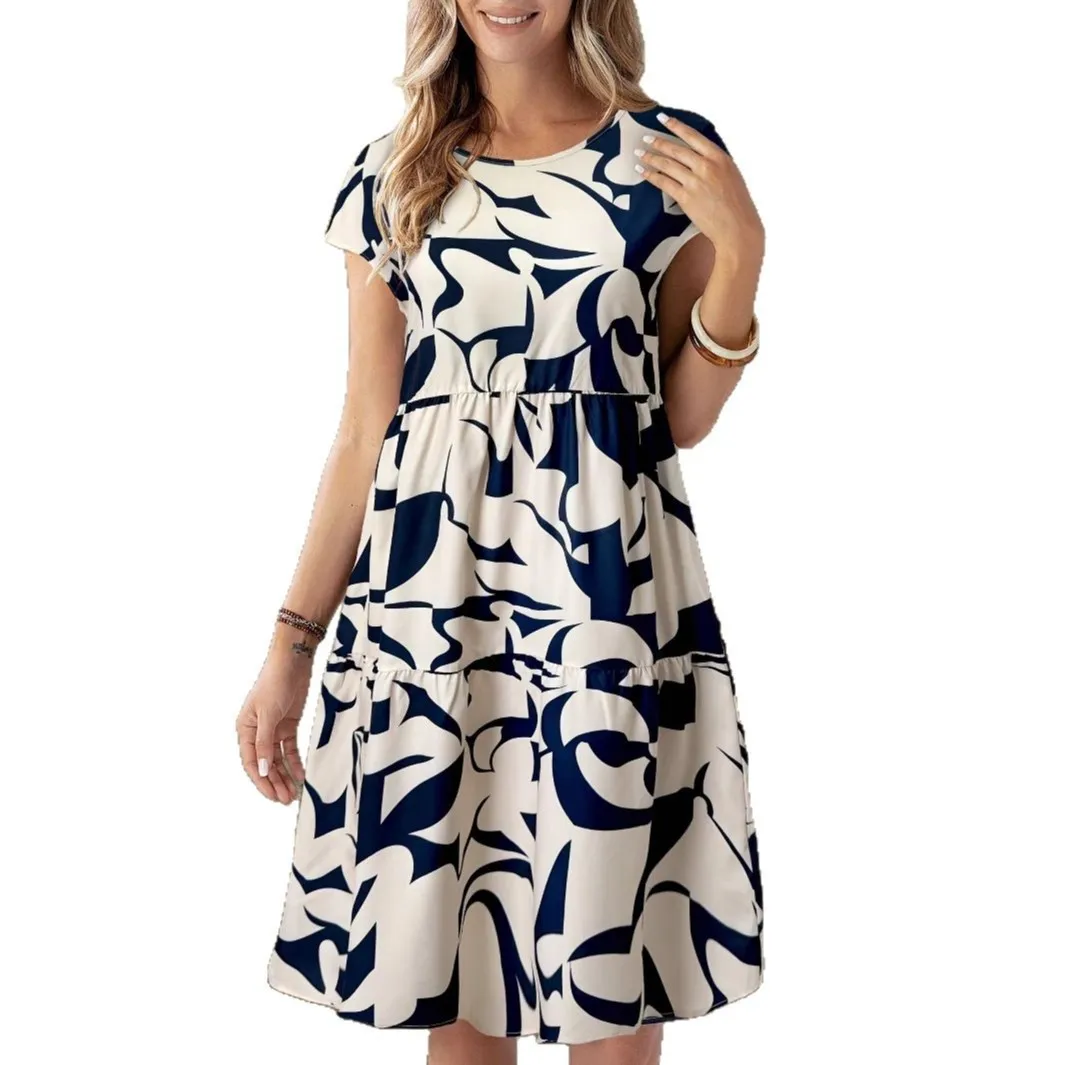 فستان نسائي كاجوال مُزين بطباعة موضة صيف 2025 مطبوع برقبة دائرية وأكمام قصيرة فستان أنيق للنساء