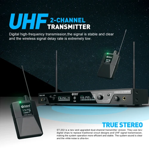 Imagen 2 del producto Debra UHF estéreo IEM ST-202 sistema de Monitor intrauditivo inalámbrico grabación de escenario profesional inalámbrico para instrumento baterista de estudio