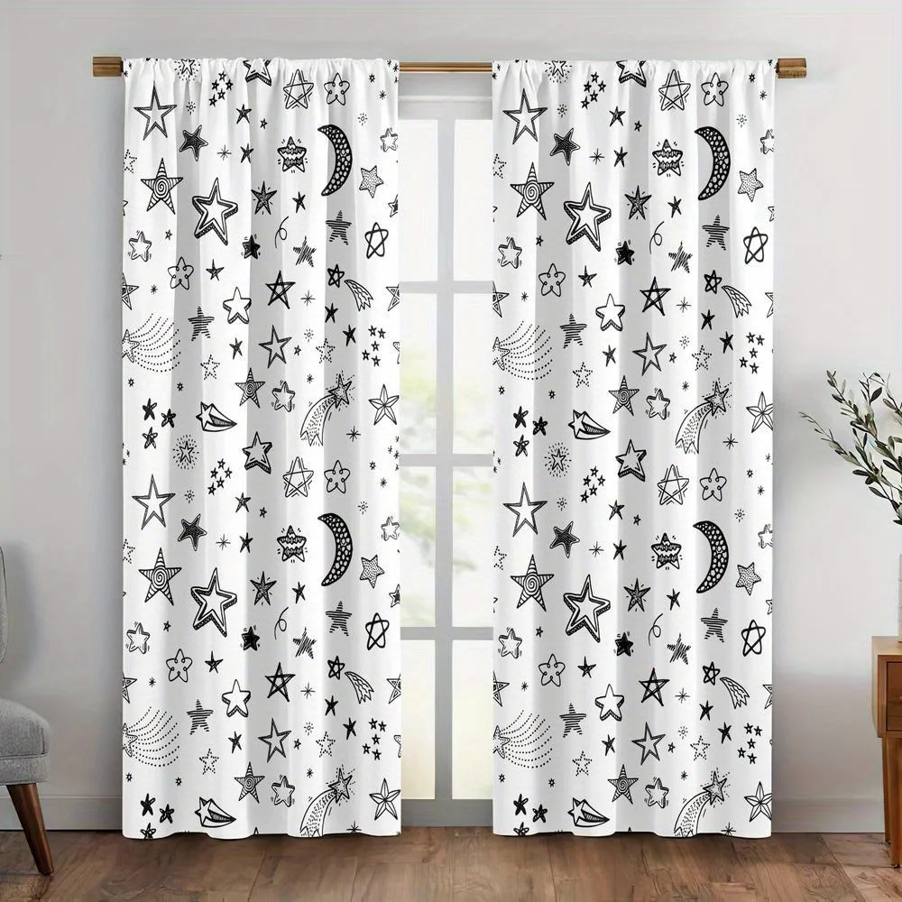 2pc Black and white hand-painted starry sky pattern curtains, machine washable polyester, suitable for bedrooms and living rooms