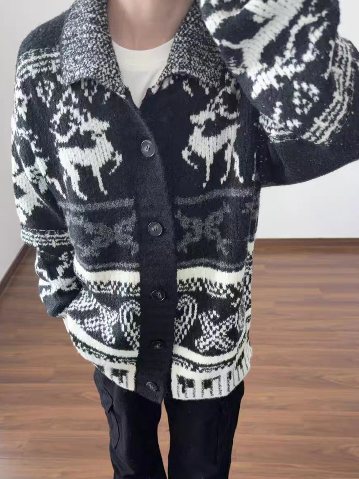 

Мужской вязаный кардиган в стиле ретро с узором Fair Isle, с высоким воротником, двусторонний, мягкий, свободный, для пар, повседневный, удлиненный...