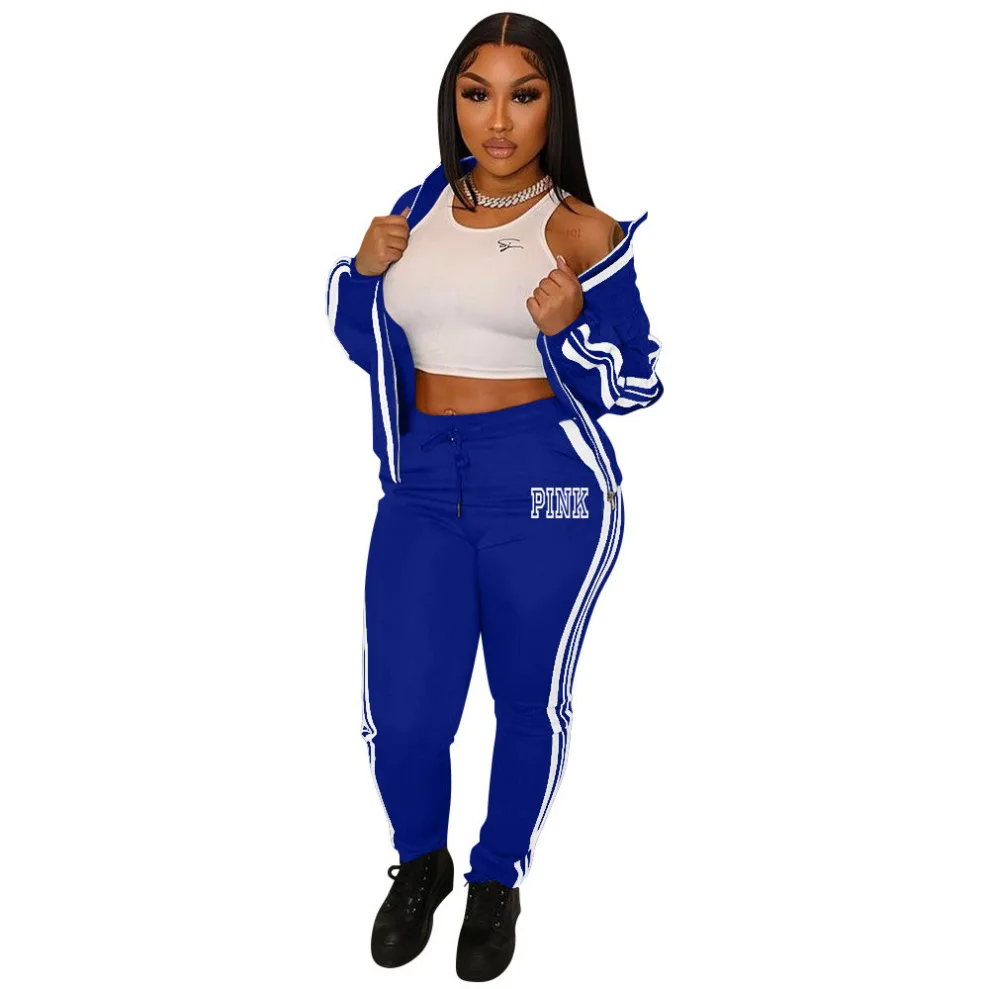 Ladies Tracksuits 2 Piece Set Sports Suit Zipper V Neck Long Sleeve Pink Letter Striped Print Pants Set Zipper Jacket Tops Suit