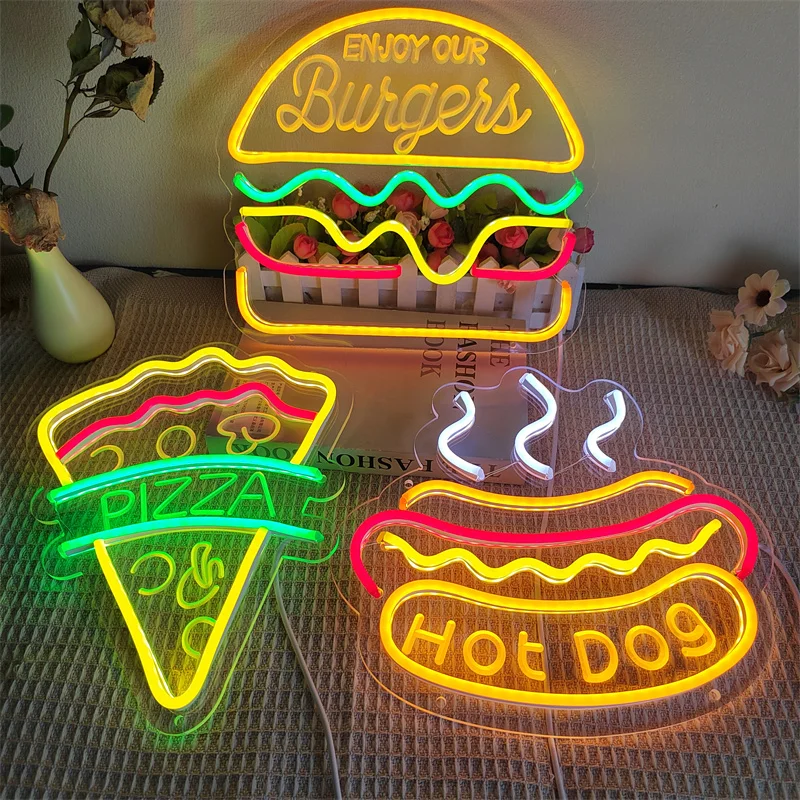 Hot Dog Neon Sign Pizza Noodle Hamburger Design Wall Hanging Neon LED Light Lamps USB Switch Party Restaurant Shop Room Decor