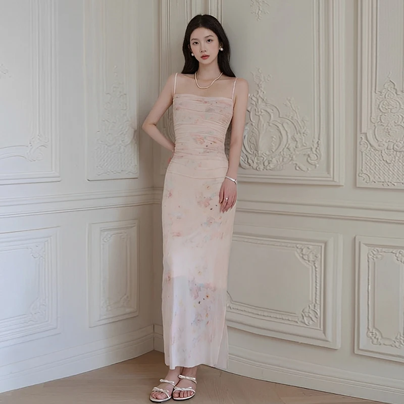 花柄のスプリットヒップスカート新しい夏のサスペンダードレススリムフィットスカート