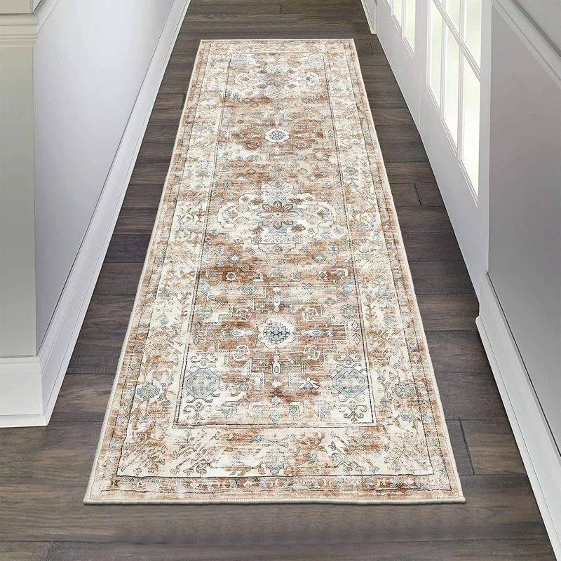VIKAMA Farmhouse Vintage Runner Rug Brown Cream Medallion Floral Design Non Slip Mat For Hallway Kitchen Entryway Decor