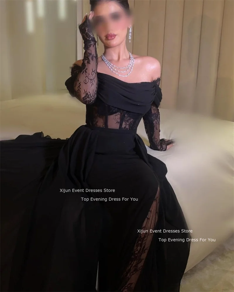 Xijun Black Sexy Long Evening Dresses Sleeves Off The Shoulder Lace Prom Dresses Saudi Arabric Long Sleeves Prom Gowns Women2024