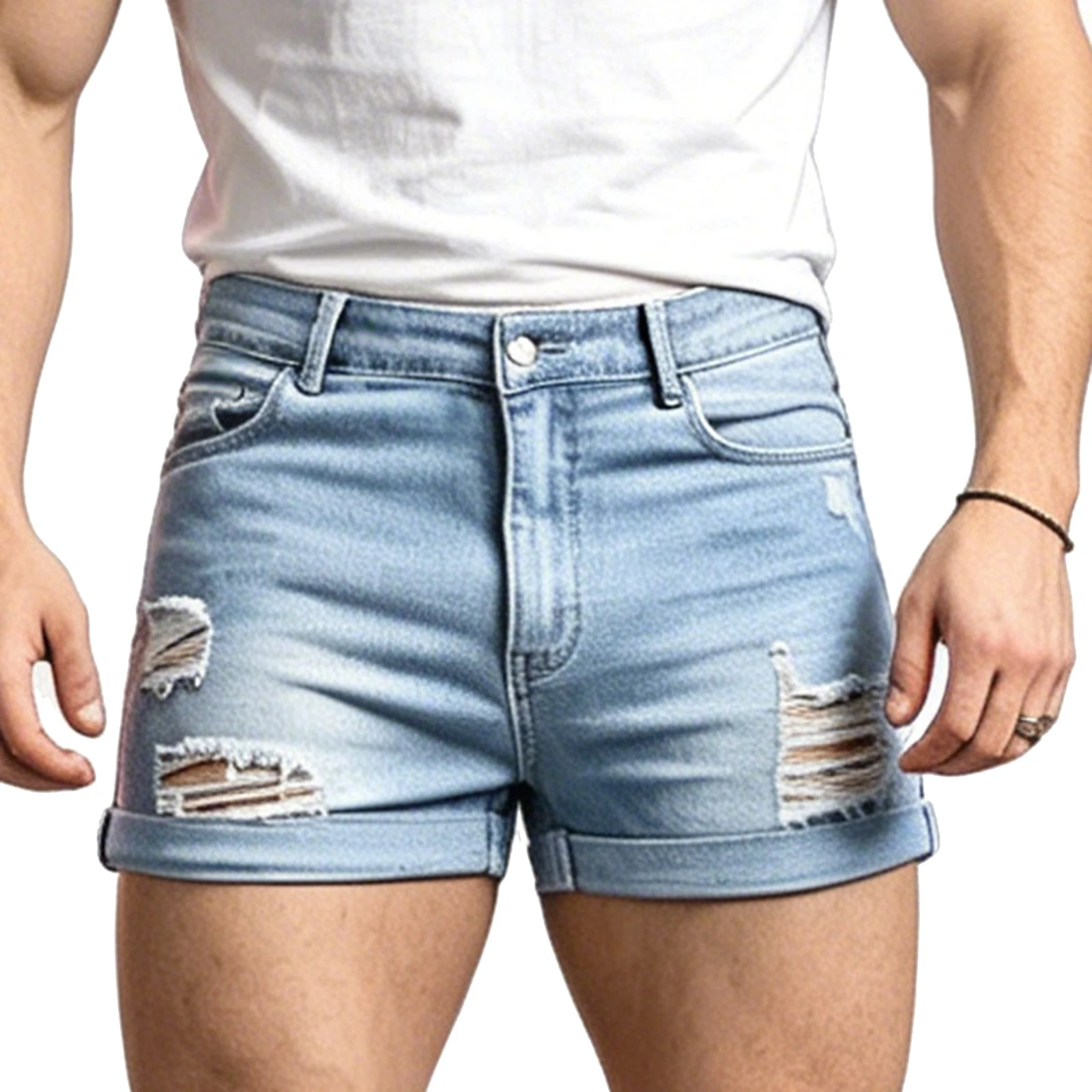 Mens Stretchy Skinny Trendy Casual Mid Waist Ripped Jean Shorts with Belt Loops And Button Pockets for Club Party Night Pants