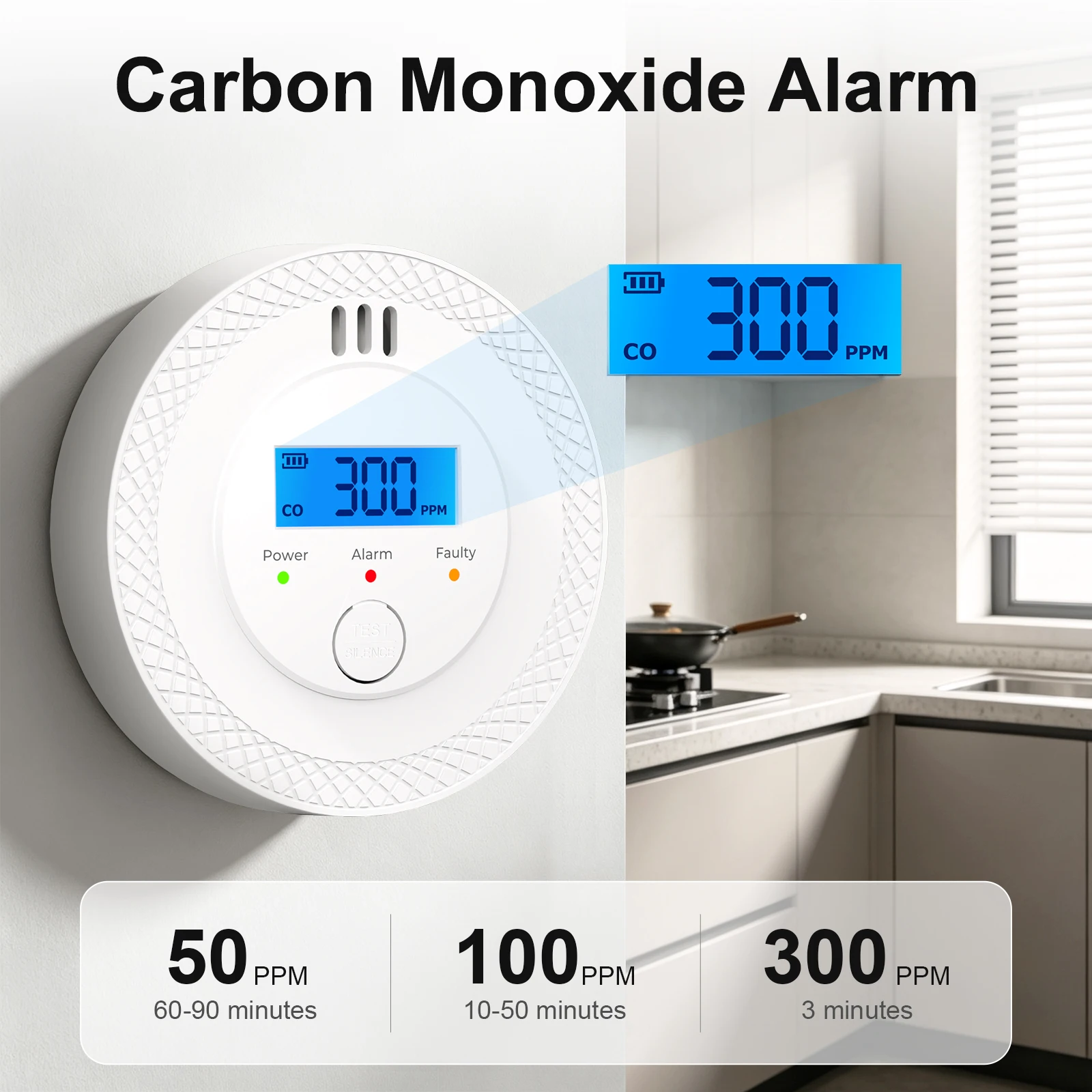 Rilevatore di monossido di carbonio con display LCD, alimentazione a batteria DC 3V, montaggio a parete, 3 indicatori LED; allarme monitor gas CO per camino, camera da letto, stufa e garage.