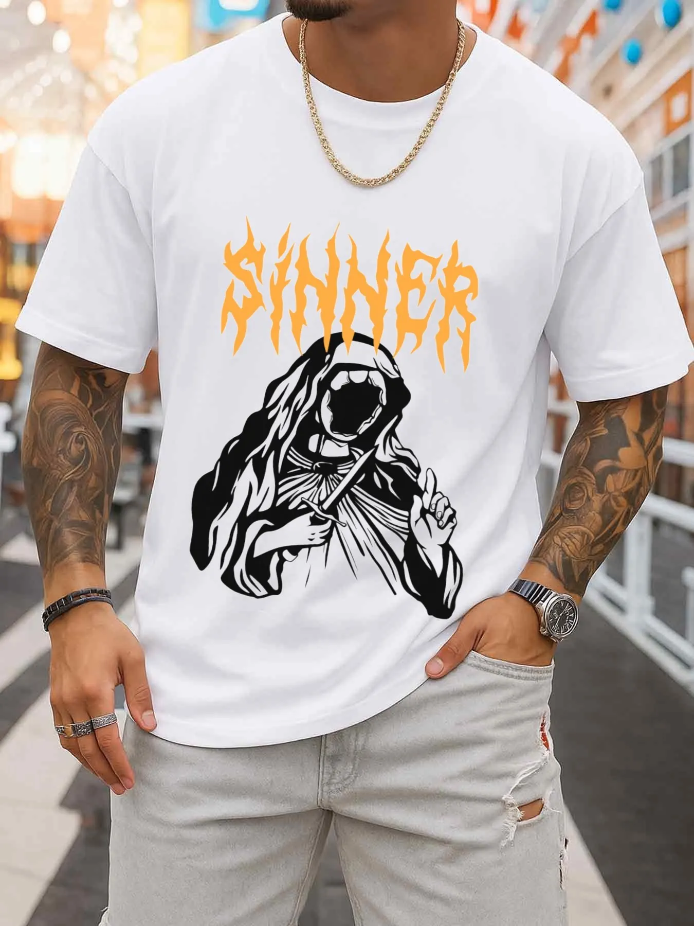 Sinful Theme Printed T-Shirt Men's Round Neck Short Sleeve White Style Elegant Regular Fit Daily Comfortable Casual Urban Style Loose and Breathable Suitable for Summer and Autumn Father's Day Gift Choice