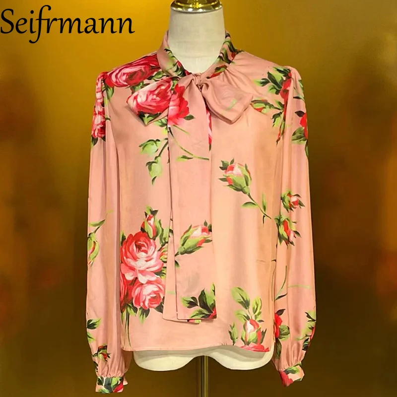 Seifrmann 2026 Summer Women's New Fashion frenulum Collar Long Sleeve Silk Printed Top+Long Half Skirt Two Piece Set