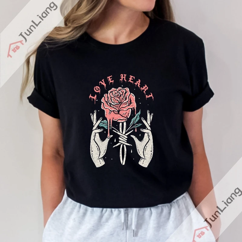 Drawing of Hand Holding Rose Streetwear T-shirts for Women Manga Y2k Clothing Alphabet T-shirt Harajuku Goth Clothes Men Graphic