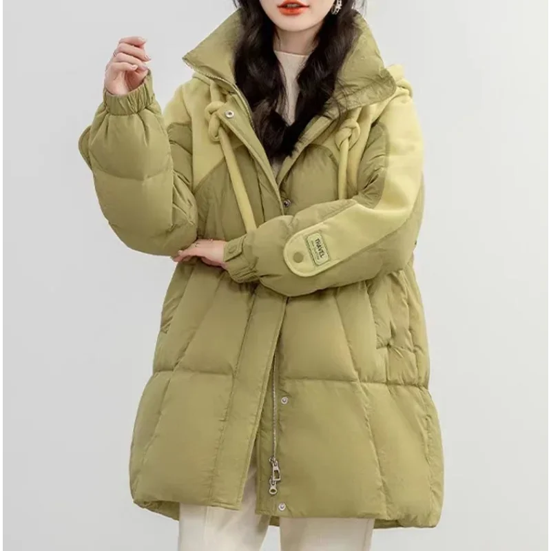 Winter Coat Female Mid-length Down Coats Color Collision Splicing Thick Warm Hooded White Duck Down Casual Loose Warm Coat