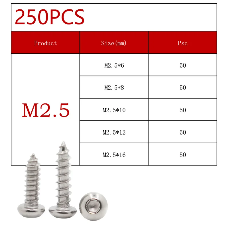 Kit M2 M2,5 M3 M4 M5 M6 304 Edelstahl runder Flachkopf Innensechskant selbstschneidende Schrauben Holzschrauben Set 70–630 Stück – Detail 4
