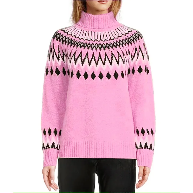 Semi-Turtleneck Fair Isle Pullover Women'S soft Casual Color-Block Slim Pullover Knitted Sweater